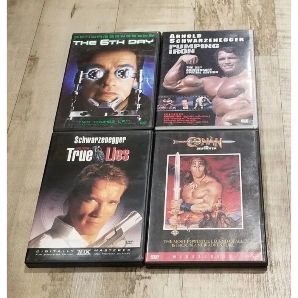 4 ARNOLD SCHWARZENEGGER MOVIES DVD Lot Action Adventure Conan True Lies Pumping